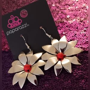 Paparazzi Silver and Red Flower Earrings